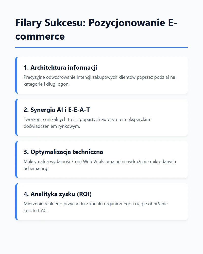 Infografika przedstawiająca kluczowe filary pod pozycjonowanie e-commerce