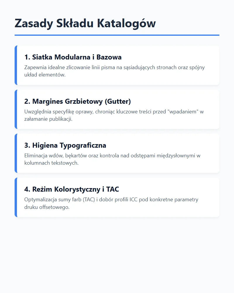 Infografika przedstawiająca kluczowe zasady składu katalogów i wydawnictw wielostronicowych
