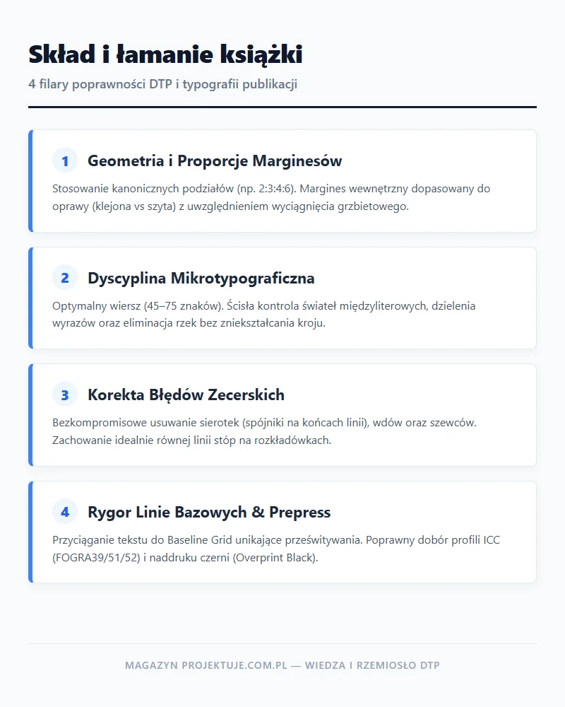 Infografika przedstawiająca 4 filary profesjonalnego składu i łamania książki